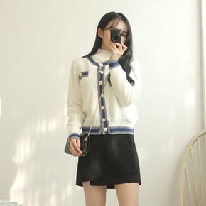 라운드 금장버튼 라인배색 트위트 니트 가디건_P313335709