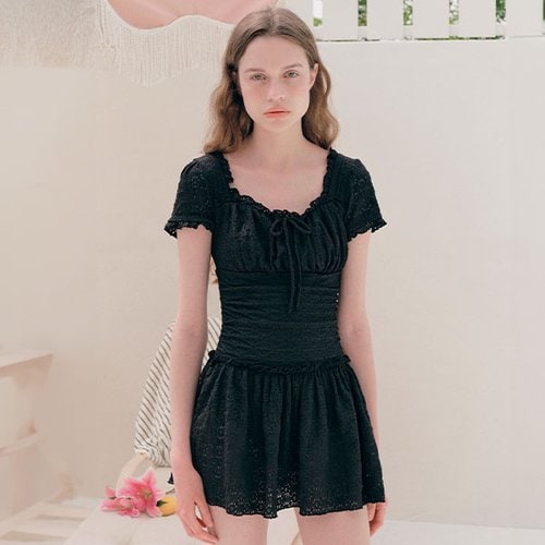 SHIRRING LACE ONEPIECE SWIMSUIT BLACK