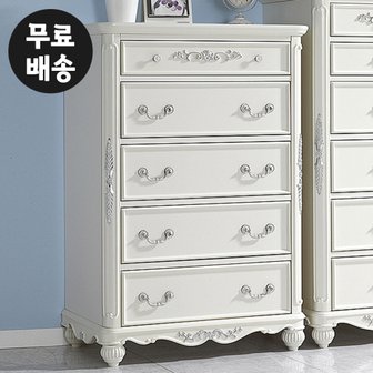 벤티스가구 코코 엔틱 원목 높은 수납 침실 거실 앤틱 체스트 와이드 고급 5단 서랍장(화이트)