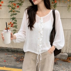 르체 여성 여름 시스루 프릴 블라우스 퍼프소매 화이트 하늘색 긴팔 셔츠 살안타템