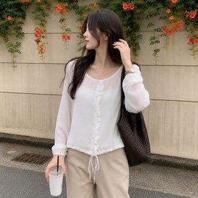 르체 여성 여름 시스루 프릴 블라우스 퍼프소매 화이트 하늘색 긴팔 셔츠 살안타템