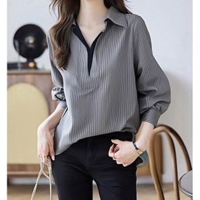 레이어드 셔츠와이넥 스트라이프 블라우스 D6108B_P389958483