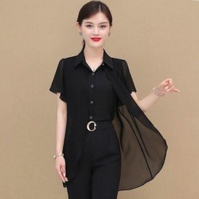 여성 투피스/세트/여성 분위기 있는 투피스 여름루즈핏시스루 쉬폰 투피스 반팔운동복 시스루티셔츠
