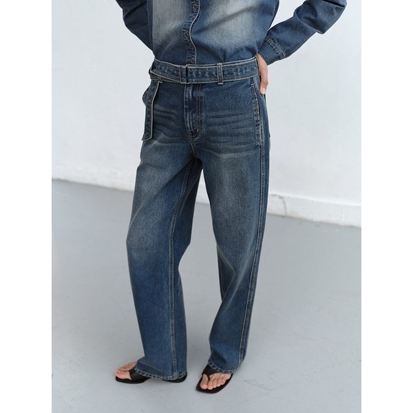 STITCHED BELT DENIM PANTS [BLUE]