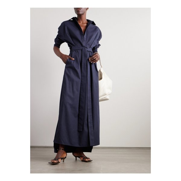 사수파이 프란체스카 벨트 코튼 실크 혼방 맥시 셔츠 드레스 네이비 1647597323933936