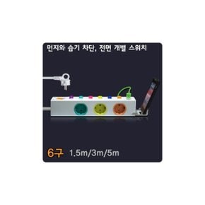 (현대일렉트릭) 옆으로 6구 개별 멀티 콘센트USB 2구 충전포트 5M SIDE C-65