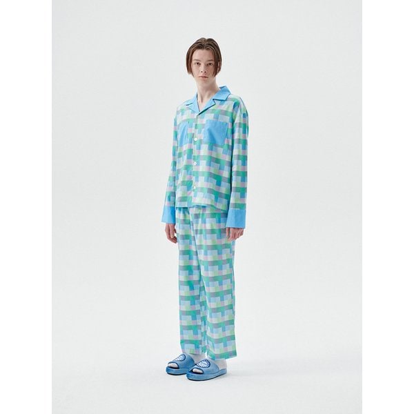 (남) 블루 파스텔 그리드 파자마 세트