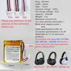 DC 3.85V 550mAh 722428 소니 WH-CH720N, WH-XB910N, 인존 H9 충전식 리튬 폴리머 무선용