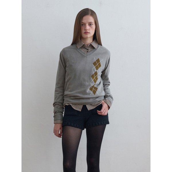 Argyle V-Neck Knit Melange Grey