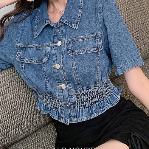 유아몽드 / 슬림핏 카라넥 숏 반팔 청자켓 데님 허리라인 주름 핀