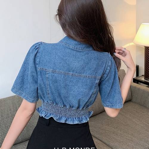 유아몽드 / 슬림핏 카라넥 숏 반팔 청자켓 데님 허리라인 주름 핀