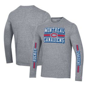 4796502 Champion Mens Heather Gray Montreal Canadiens Tri-Blend Dual-Stripe Long Sleeve T-