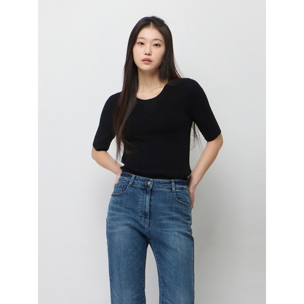 울 골조직 5부 소매 니트_SAKP04611BK