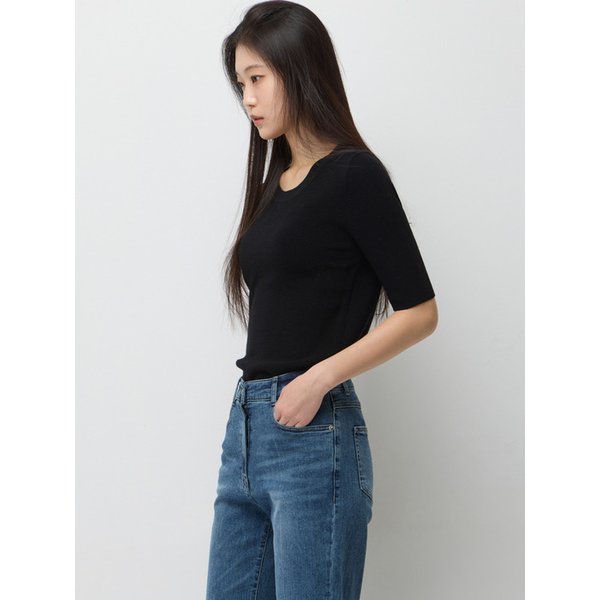 울 골조직 5부 소매 니트_SAKP04611BK