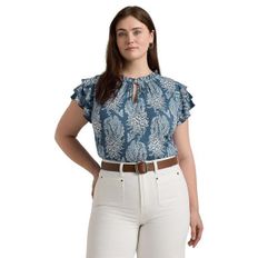 우먼 Lauren Ralph Lauren Plus-Size 플로랄 Linen-Blend 저지 타이넥 탑 - Blue/Cream 9228816