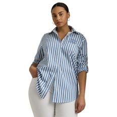 폴로 랄프 로렌 우먼 로렌 랄프로렌 Plus-Size Oversize 스트라이프 코튼 브로드클로스 셔츠 - Pale Azure/White