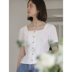 Square neck pin tuck short sleeve blouse_Ivory