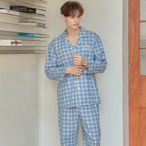 아이스블루 남성 약기모 순면 긴팔 잠옷 파자마 세트