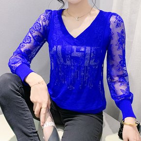 이중 레이스 블라우스 뱃살 커버 봄 여성티셔츠 화사한 화려한 반짝이