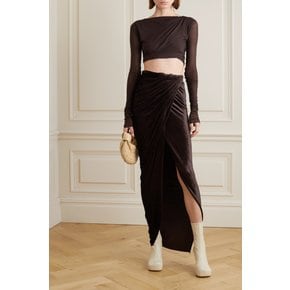 Wrap-effect Draped Metallic Stretch-jersey Midi Skirt 다크 브라운