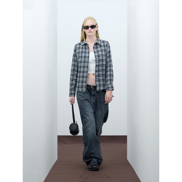 85-VIVA077 체스 슬림핏 긴팔 체크 셔츠 네이비