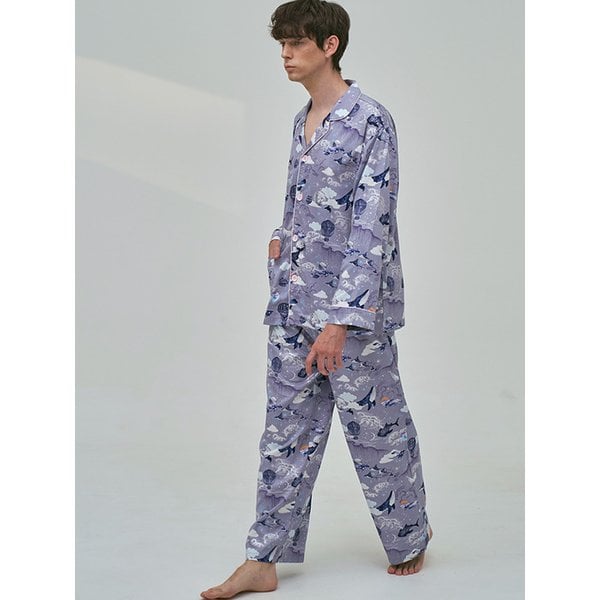 텐셀 모달 스카이웨일랜드 패턴 긴팔 세트 남성 잠옷