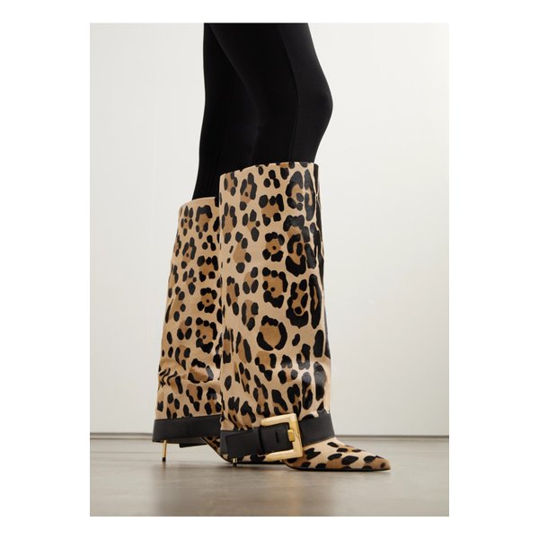 버클 레오파드 프린트 카프 헤어 니 부츠 46376663162838383