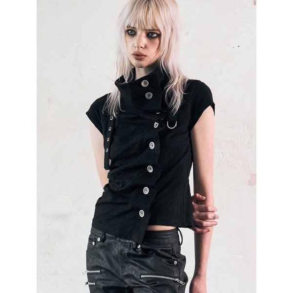 Drape Button Shirring Top (BLACK)