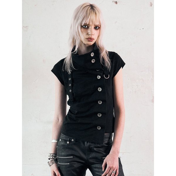 Drape Button Shirring Top (BLACK)