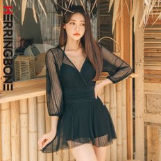 원피스 수영복 블랙 시스루 긴팔 홀터넥 속바지 포함 치마 섹시 휴양지 비치웨어 CE007