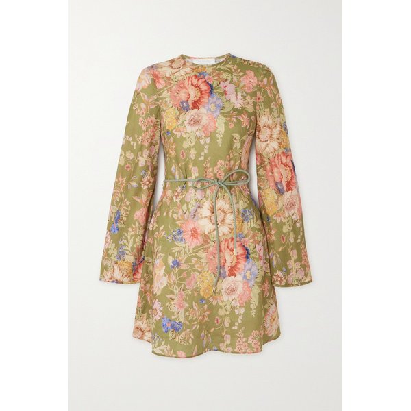 넷 서스테인 어거스트 벨트 플로럴 프린트 리넨 미니 드레스 그린 1647597326793175