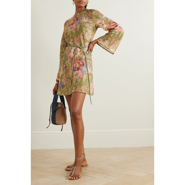 넷 서스테인 어거스트 벨트 플로럴 프린트 리넨 미니 드레스 그린 1647597326793175