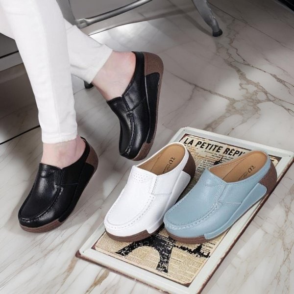 [옷자락] 여성 통굽 스티치 뮬 로퍼 키높이 단화