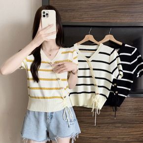 돌라 펀칭 단가라 스트링 반팔 니트_P342875116