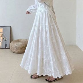 플라워 자수 레이스 맥시 롱 스커트 여름 안감 화이트 롱치마 Kn280_P424039594