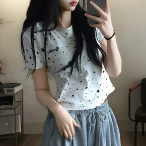 사이버코어 별프린팅 레터링자수 크롭 반팔셔츠3color