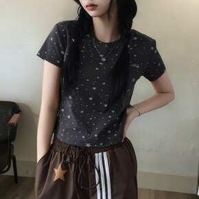 사이버코어 별프린팅 레터링자수 크롭 반팔셔츠3color