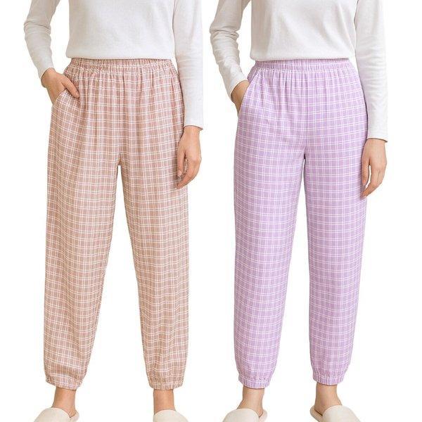 여성 파자마 기모 체크 바지 주머니 시보리 포근한 홈웨어 이지웨어