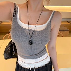 캡내장 민소매 티셔츠 이너 배색 캡나시 썸머 스포티 반오프 바캉스룩_P425861192