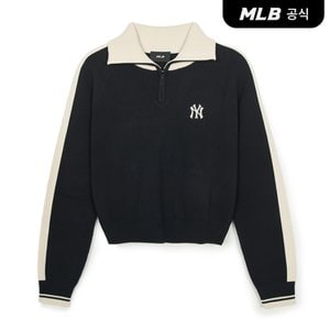 MLB [코리아공식] 여성 스포티브 바시티 소매 배색 반집업 스웨터 NY (Bk)