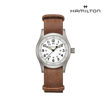 해밀턴 H69439511 카키 필드 메커니컬 38mm 화이트 다이얼 브라운 가죽 스트랩 남성 시계