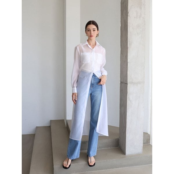 Waist button see-through blouse - ivory