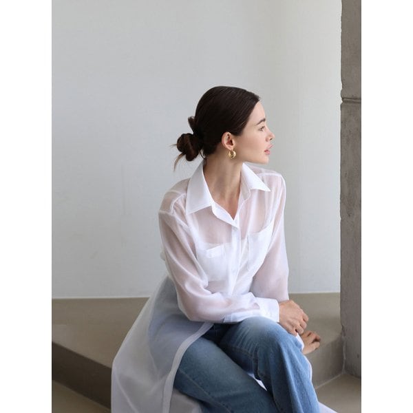 Waist button see-through blouse - ivory