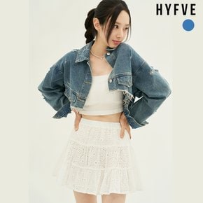 [HYFVE] 비대칭 디스트레스트 데님 자켓