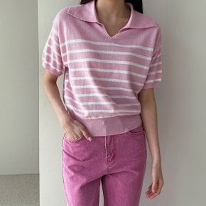 라울 스트라이프 오픈카라 뱀부 반팔 니트