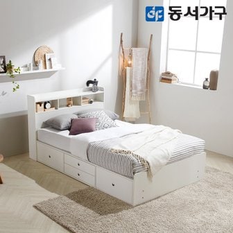 동서가구 비드가화이트 슈퍼싱글 SS 수납헤드 깊은서랍 침대+편백황토숯 양면 매트리스 DF643336