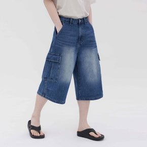 남여공용 와이드 루즈핏 버뮤다 카고 7부 중청 청바지 데님 팬츠