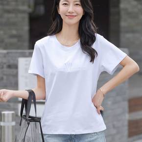 NT3399 여성 데일리 베이직 자수 레터링 라운드넥 반팔 티셔츠