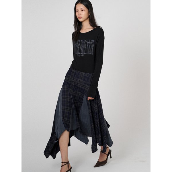 Mixed check unbalance skirt - Navy