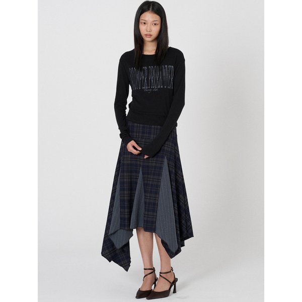 Mixed check unbalance skirt - Navy